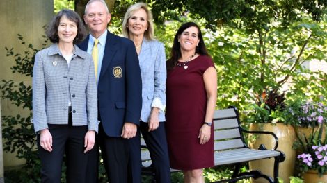 David and Carolyn Woycik with President Susan Poser and Dean Jenny Roberts in front of Hofstra Law School